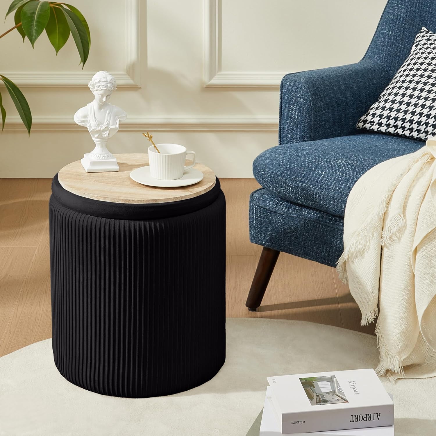 Round Ottoman with Storage Set of 2 Upholstered Velvet Vanity Stool for Makeup Lines Support 302lbs Ottomans Multifunctional Foot Rest Coffee Table Padded Seat for Living Room&Bedroom