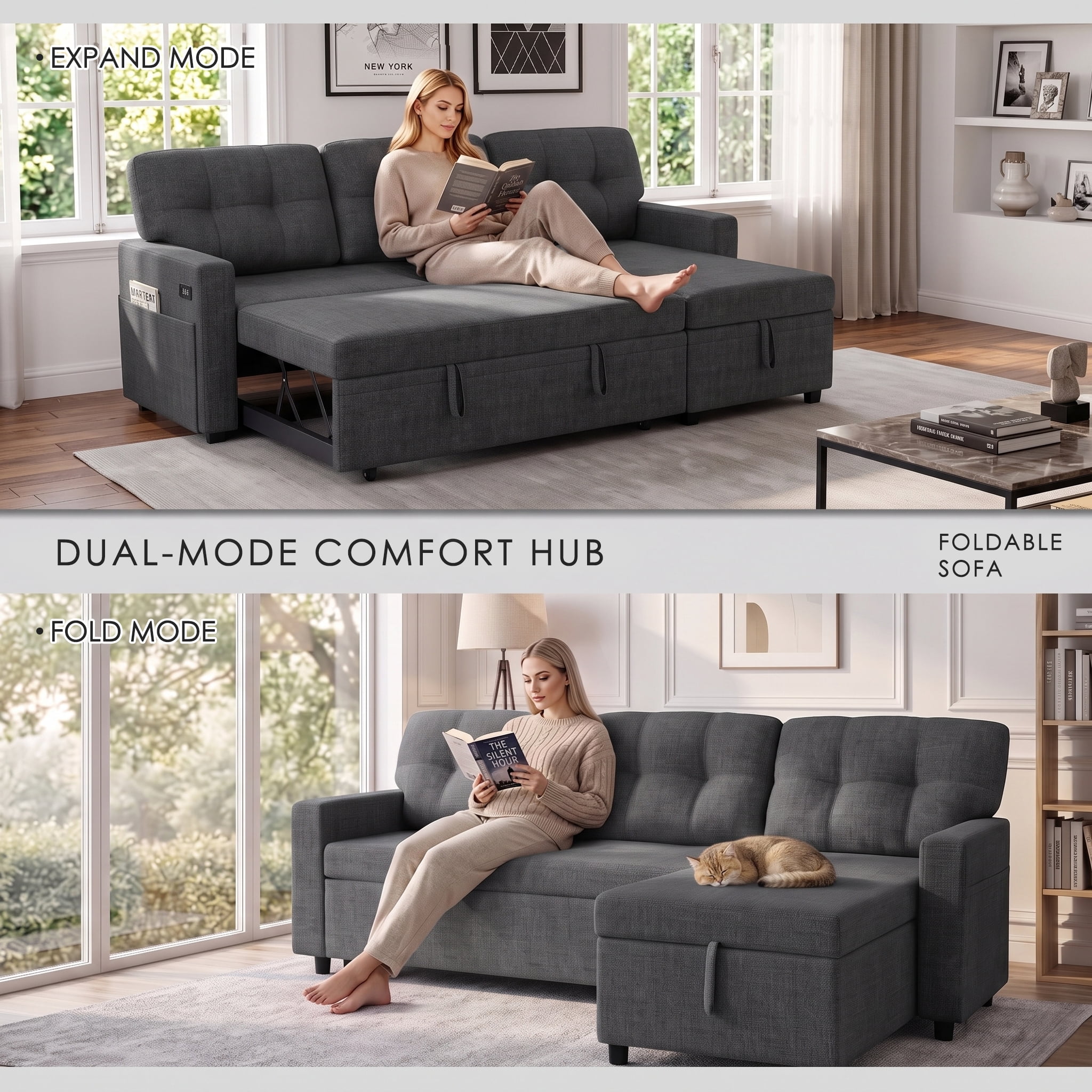 Convertible Sectional Sleeper Sofa Bed, 82" L Shaped Sofa with Pull Out Couch, Reversible Chaise, Storage & Charging Ports, Linen Fabric 3 Seater Couch for Small Spaces Living Room, Dark Gray