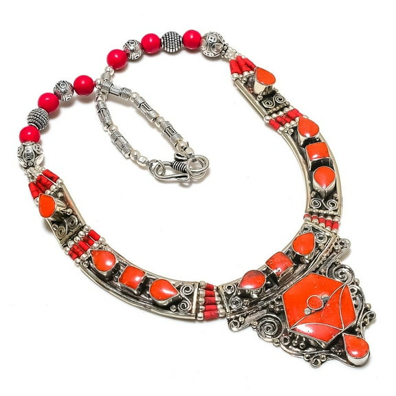 Natural Red Coral Gemstone Handmade Jewelry Necklace 18"