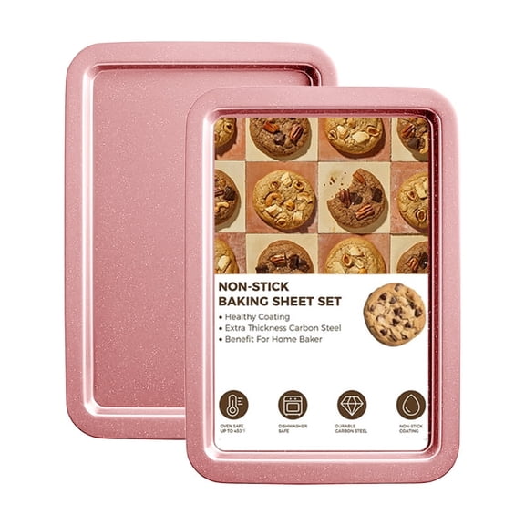Commercial Quality Baking Sheet Pan Set, Carbon Steel Cookie Sheet, Warp Resistant Baker's Half Sheet Pan, Cookie Tray Pans for Baking, Roasting Dishwasher Safe Pink