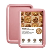 Commercial Quality Baking Sheet Pan Set, Carbon Steel Cookie Sheet, Warp Resistant Baker's Half Sheet Pan, Cookie Tray Pans for Baking, Roasting Dishwasher Safe Pink