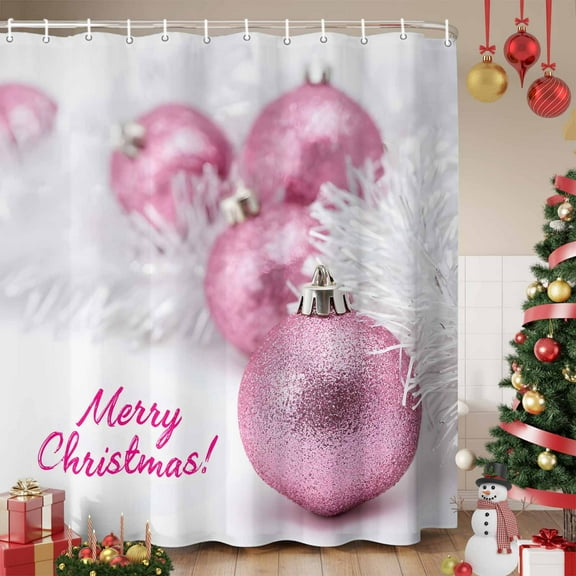 Merry Christmas Shower Curtain, Pink Xmas Balls Shining Dreaming Winter Holiday Waterproof Fabric Shower Curtains with 12 Hooks, Bathroom Curtain Set for Bathroom Accessories Decor, 54 x 78Inches