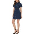 thumbnail image 4 of INSPIRE CHIC Women's Denim Shirt Dress Collar Short Sleeve Belted Button Up Jean Dresses, 4 of 5