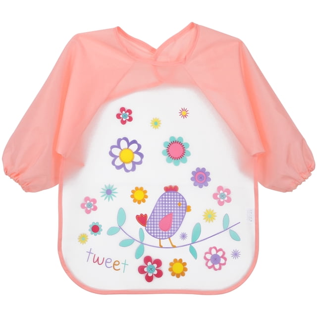 batas impermeables para niños con patrón de pájaro rosa de eva. Bata infantil de manga larga con frente blanco y ribete rosa, estampado central de pájaro violeta sobre rama con flores multicolor y texto "tweet"; mangas elásticas, cierre tipo gancho, tamaño aprox. 70 x 34 cm, material EVA, adecuada para 1–3 años — también suele usarse como delantal de pintura práctico para actividades creativas.