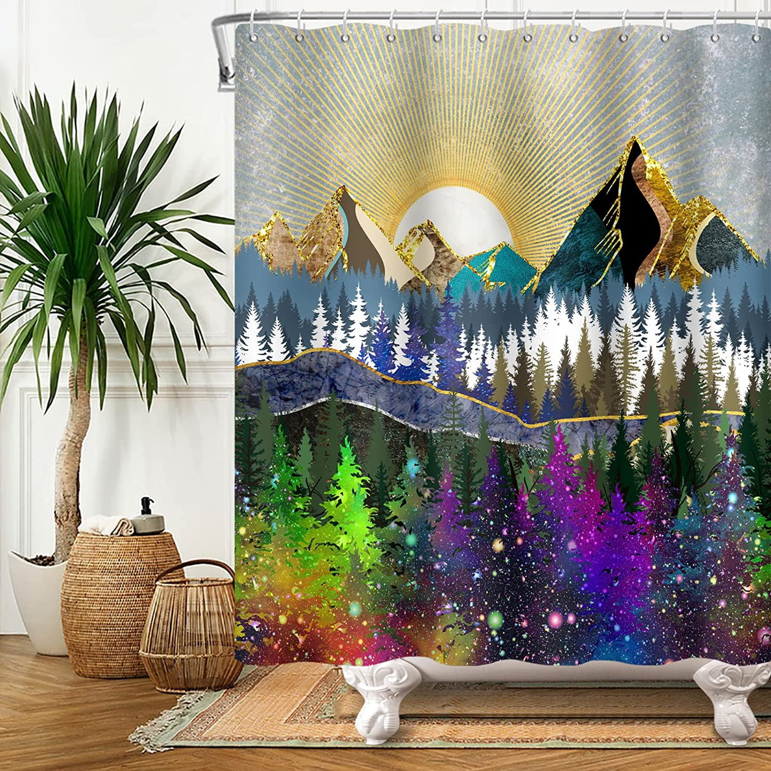 Boho Mountain Shower Curtain Colorful Forest Shower Curtains 70s Rising