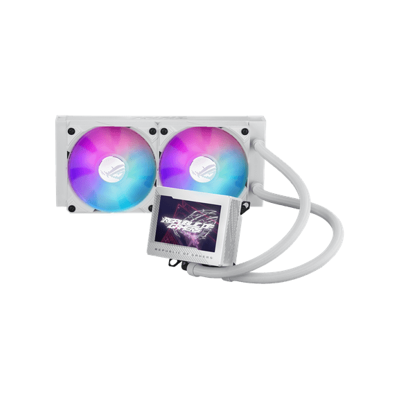 ASUS ROG Ryujin III 240 ARGB WHT all-in-one liquid CPU cooler with 240mm radiator. Asetek 8th gen pump, 2x magnetic 120mm ARGB fans (Daisy Chain design), 3.5” LCD display