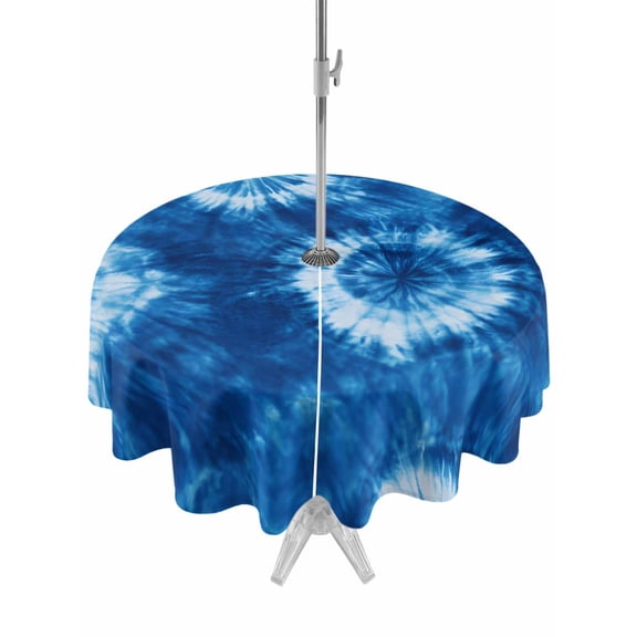Outdoor Tablecloth with Umbrella Hole, Blue Tie Dye Spillproof Waterproof Outdoor Table Cover, Boho Ethnic Abstract Ombre Pattern Art Patio Tablecloths for Party/Garden/Picnic, Round 60 inch