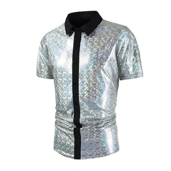 Tops for Men under $5 Short Sleeve Sequin Shirt Shiny Trendy Performance Costume Turn Down Collar Shirt Silver S
