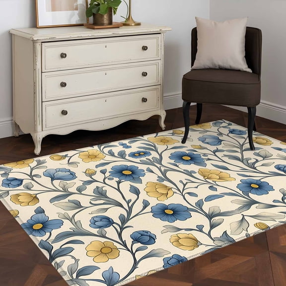 3'x5' Area Rugs, Vintage Blue Yellow Indoor Outdoor Area Rug for Living Room Bedroom, Spring Enchanted Garden Florals Washable Bathroom Rugs Kitchen Floor Carpet Mats Home Decor Aesthetic