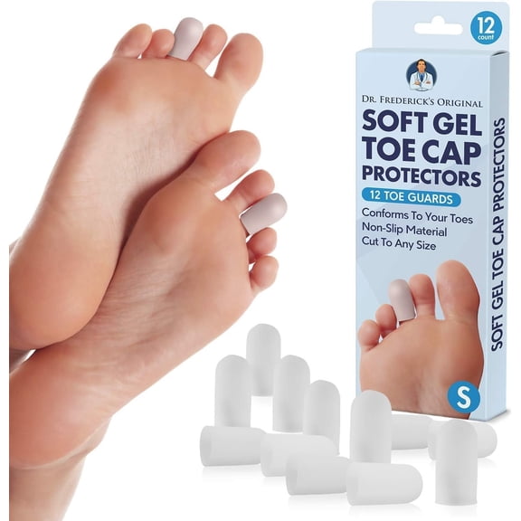 Dr. Frederick's Original Gel Toe Protectors for Men & Women - 12 ct - Toe Caps for Foot Pain Relief - Flexible Cushions for Ingrown Toenails, Corns, Calluses, Blisters, and Comfort - White - Small