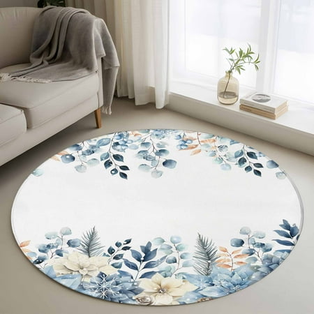 Blue Eucalyptus Christmas Round Rug 3ft Washable Circle Entryway Rugs Non Slip Xmas Floral Poinsettia Snowflake Area Rug Indoor Floor Carpet for Bedroom Kitchen Living Room Office Dining Room Nursery