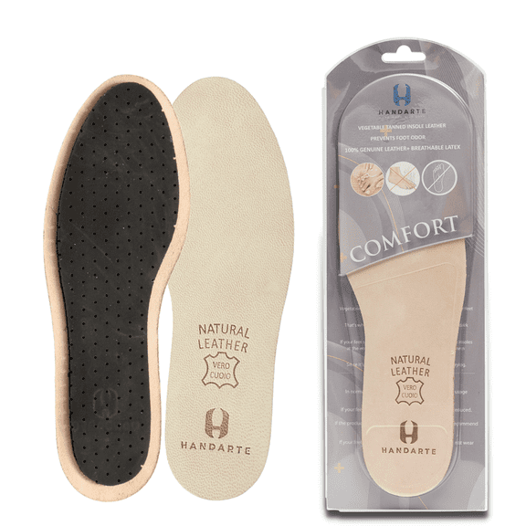 HANDARTE Leather Sockless Shoe Insoles | Thin Dress Shoe Inserts for Men | 100% Natural Goatskin - ChromeFree, Anti Sweat & Anti-Odor (US M9.5 | EU43)