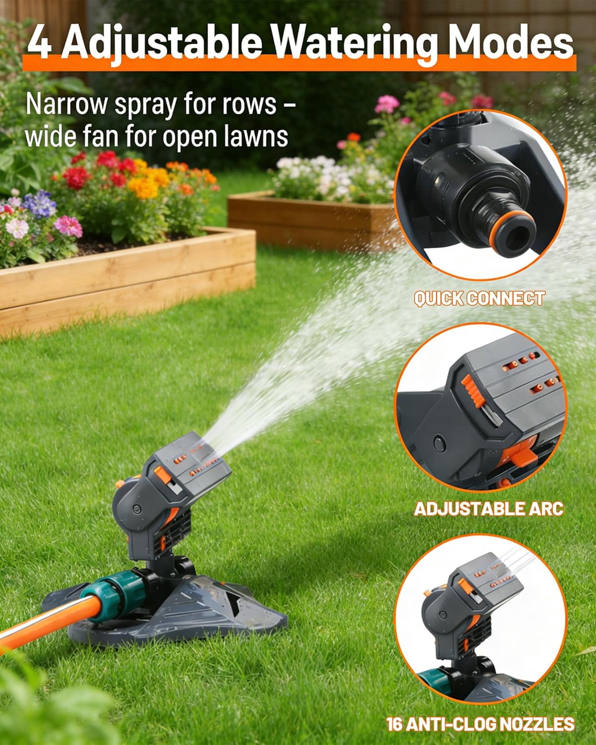 16-Nozzle Oscillating Sprinkler, Leak-Proof Metal Connector & Dual Filter System, 4 Adjustable Spray Modes, Large Area Lawn Sprinkler for Yard Garden Watering