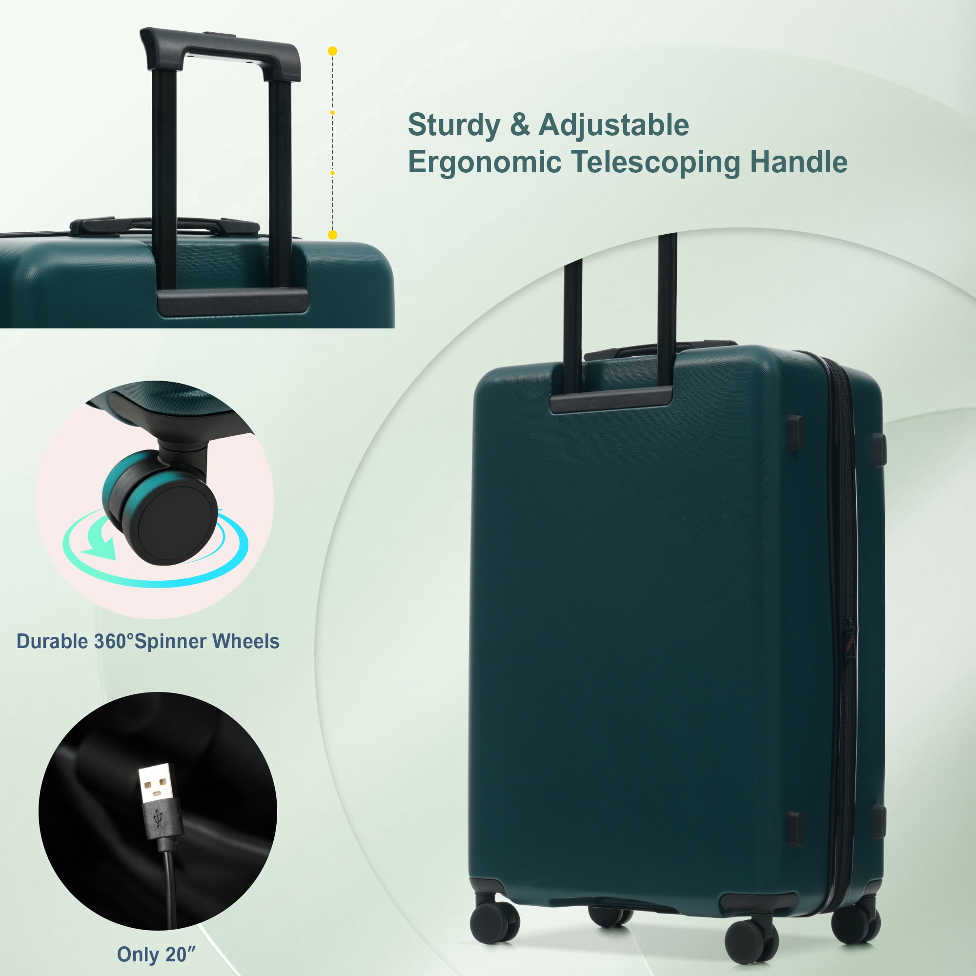 Euroco 5 Piece Front Opening Luggage Sets, Hardside Expandable Carry On Suitcase Set with USB Port,TSA Locks, Spinner Wheels and 2 Bags,Lightweight Travel Luggage for Men Women(20"/24"/28"),Green