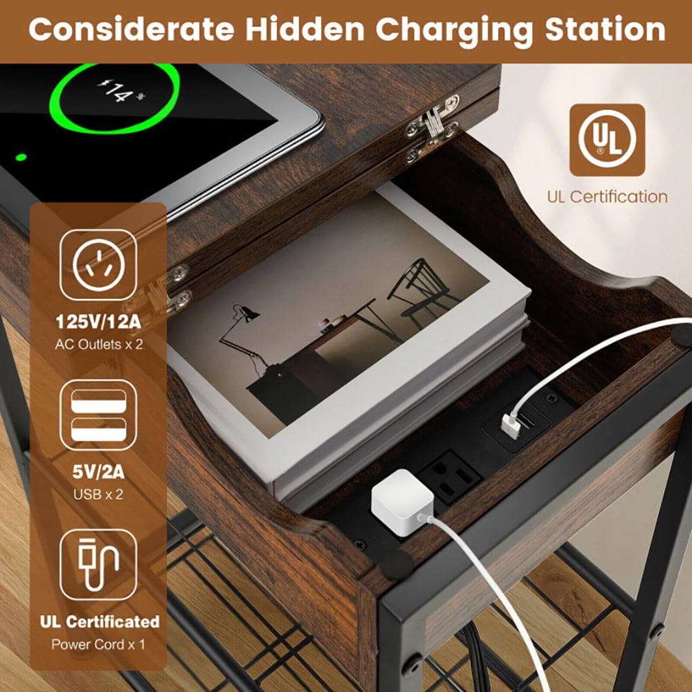Finihen End Table, Side End Table with Charging Station Flip-Up Top, Sofa Side Table, Bed Side Table, for Living Room, Bedroom, Rustic Brown Finihen End Table, Side End Table with Charging Station Flip-Up Top, Sofa Side Table, Bed Side Table, for Living Room, Bedroom, Rustic Brown