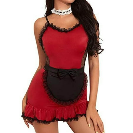 

Women Solid Erotic Lingerie Spaghetti Straps Lace Zipper Maid Costume Dress With Apron