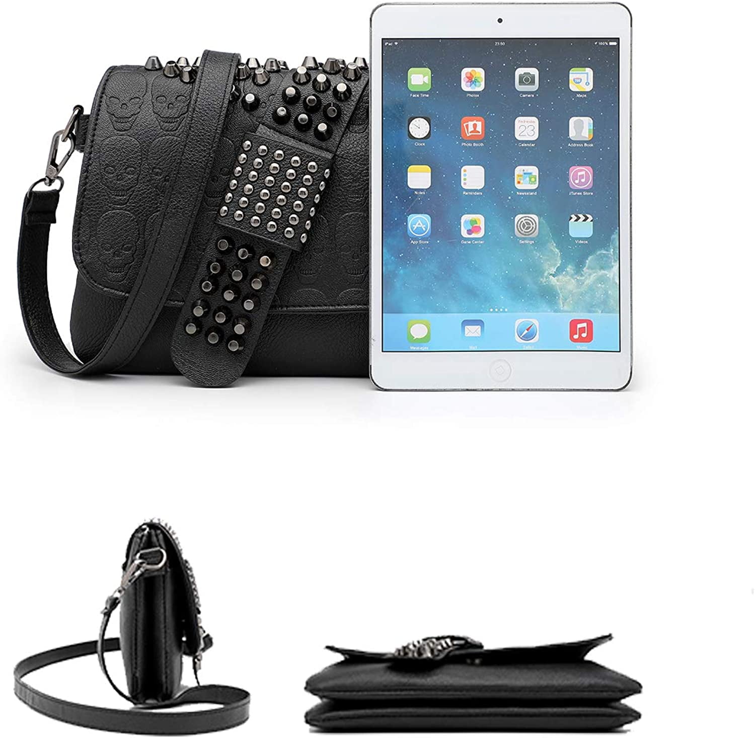 Womens Punk Skull Rivet Shoulder Bag PU Leather Goth Crossbody Bag with Chain Wallet Purse for Teen