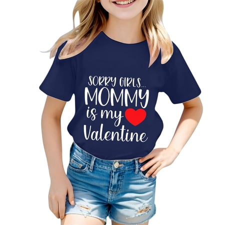 NAFUU Girls Toddler Tops Love Heart Letters Crew Neck Short Sleeve Children Fashionable Casual T Shirt Top Breathable Vacation Shirts For Girls 8-9 Years,Navy