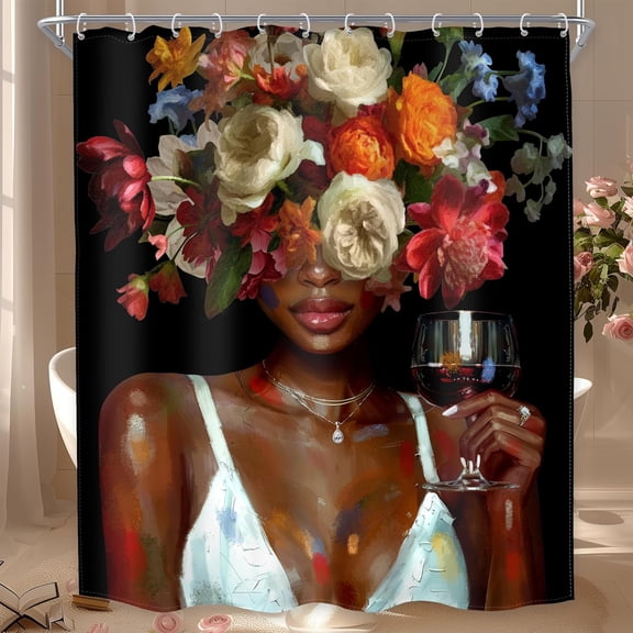 Black Woman Shower Curtain African American Art Floral Vintage Wine Glass Bath Curtain Waterproof Fabric Bathroom Decor with Hooks 71x71 inches