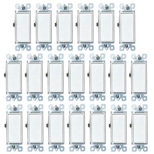 Paquete de 20 interruptores de luz de estilo decorativo, de un solo polo, de 3 cables, con conexión a tierra, 15 A, 120 V-277 V, color blanco