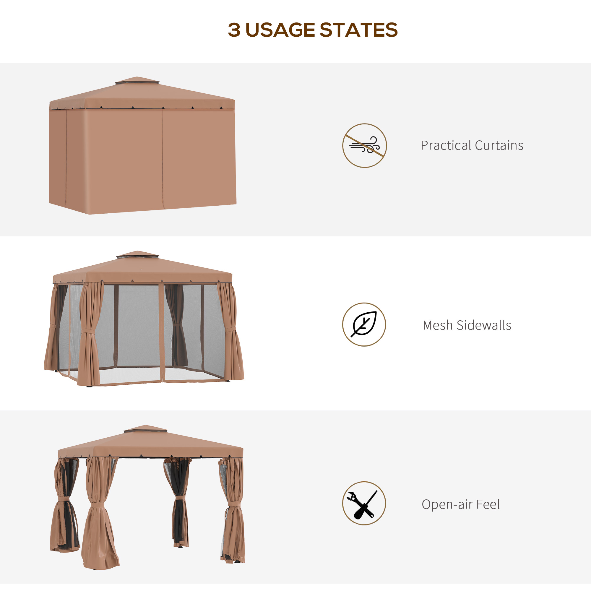 Outsunny 10' x 10' Patio Gazebo, Aluminum Frame Double Roof Outdoor Gazebo Canopy Shelter with Netting & Curtains, for Garden, Lawn, Backyard and Deck, Brown
