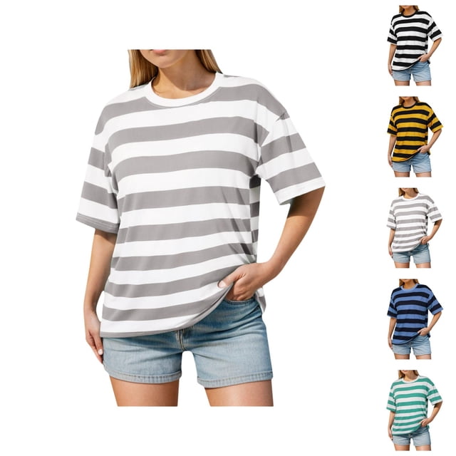 Striped Tshirts for Women 2026 Summer Trendy Short Sleeve Crewneck Color Block Loose Tees