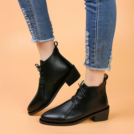 

Fashionable Autumn Women Ankle Boots Heel Solid Color Black Lace Up Comfortable Casual