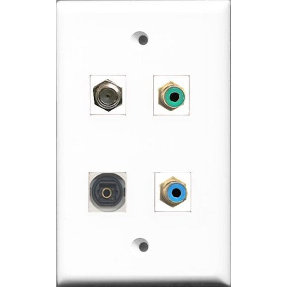 RiteAV 1 Port RCA Green and 1 Port RCA Blue and 1 Port Coax Cable TV- F-Type and 1 Port Toslink Wall Plate