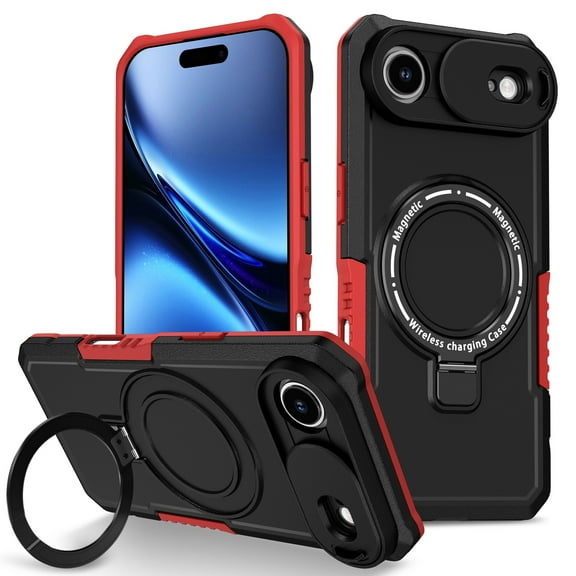 Phone Case for iPhone Air with Sliding Camera Cover, Hand Grip Anti Slip Design Kickstand Ring Holder Hybrid Magnetic Wireless Charging Phone Cover for Apple iPhone Air - Black Red