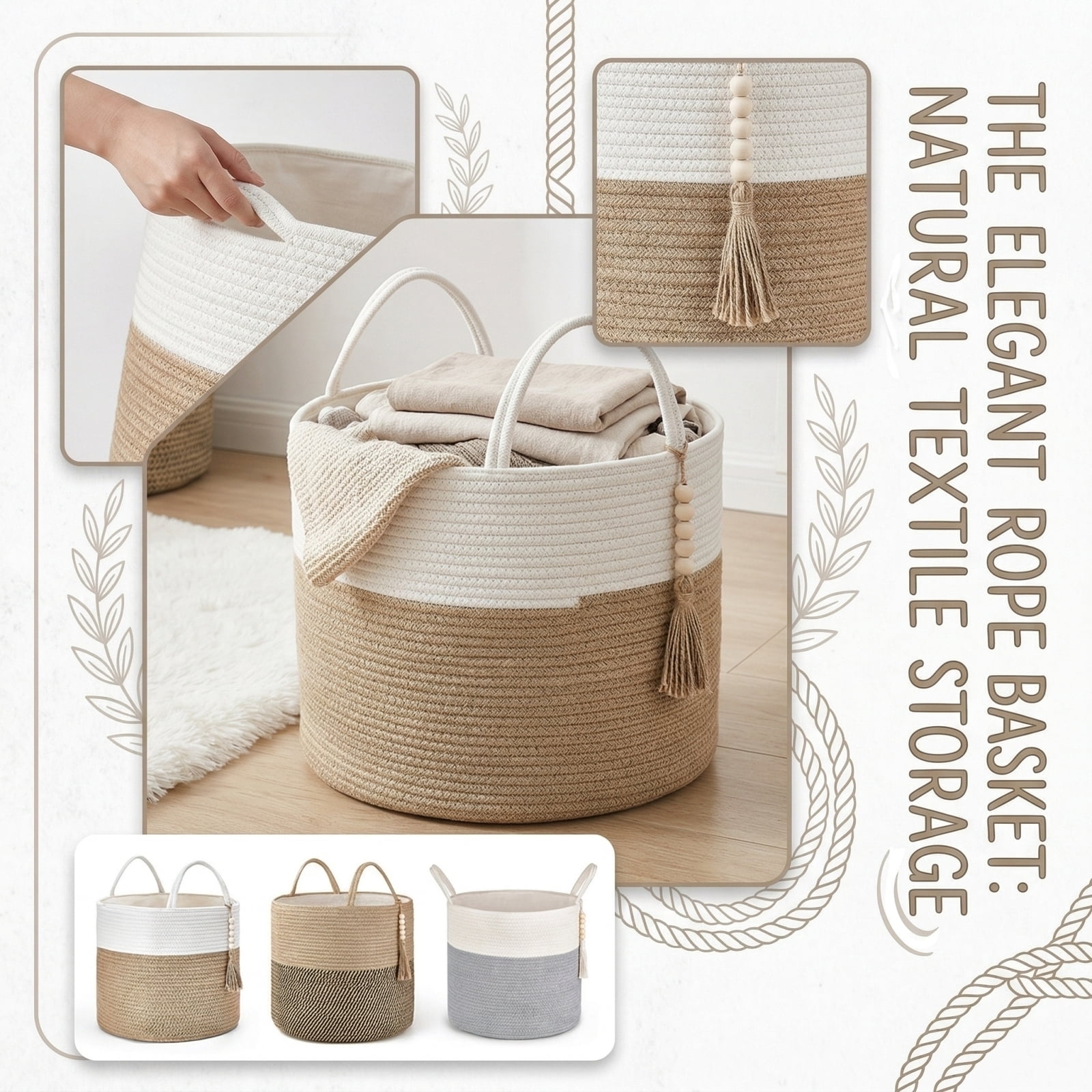 Cotton Rope Woven Laundry Basket, Dirty Clothes Storage Hamper, Decorative Straw Weaving Organizer Bin, Household Storage for Living Room and Bedroom