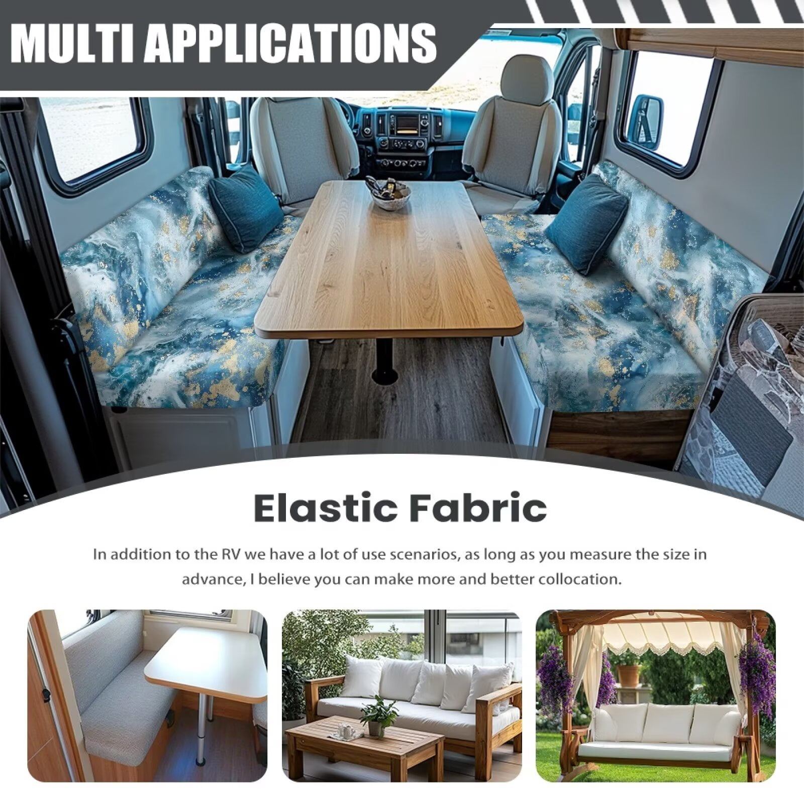 XYZCANDO Blue Marble Print RV Dinette Cushions Washable Camper Decor Stretchable Bench Seat Cover Universal Couch Cover 2 Cushion Sofa Comfortable Slip Covers for Loveseat Blue