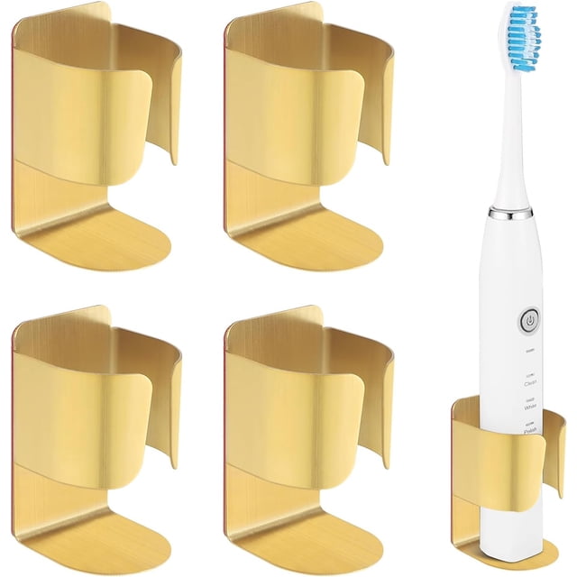 Electric Toothbrush Holder, 304 Stainless Steel Wall Mounted Self Adhesive Storage Organizer Stand Rack for Electric Toothbrush, Toothpaste, Facial Cleanser (Golden 4 Pack)