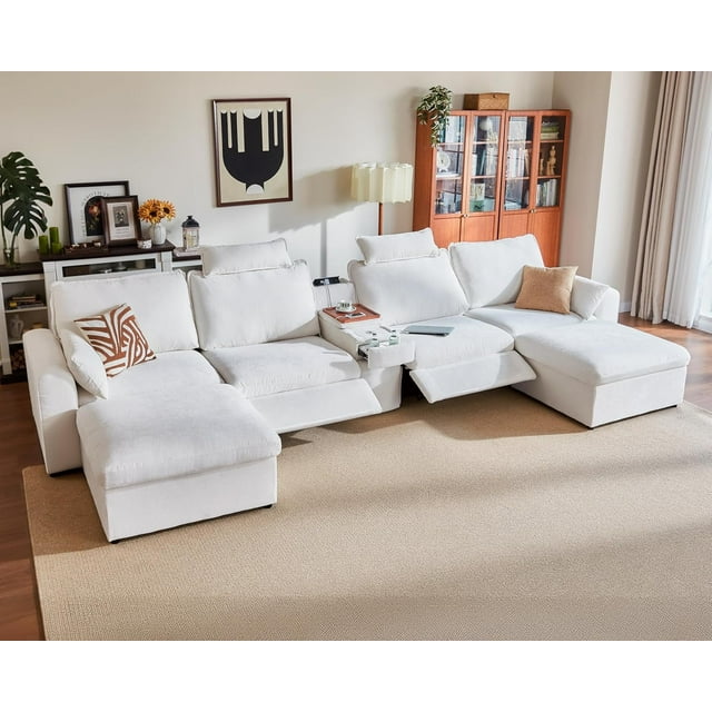 BEDEEP Canapé Inclinable Électrique 174,4 Pieds' avec Console d'Appui-tête, Canapé Sectionnel en Chenille Moduar Cloud avec Ottoman de Rangement, Canapé Convertible 6 Places pour Salon RV, Blanc