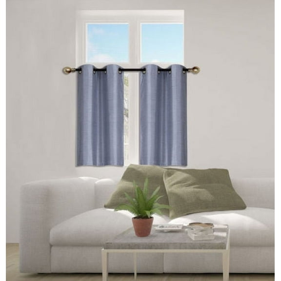 N25 Slate Blue 1-Set Solid Faux Silk Grommet Top Small Window Curtain, 2 Semi Sheer Tier Panels 30" W x 36" L (Each Tier)