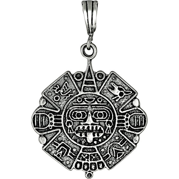 Sterling Silver Aztec Calendar Charm Pendant Necklace Antique Finish with 24 Inch Figaro Chain