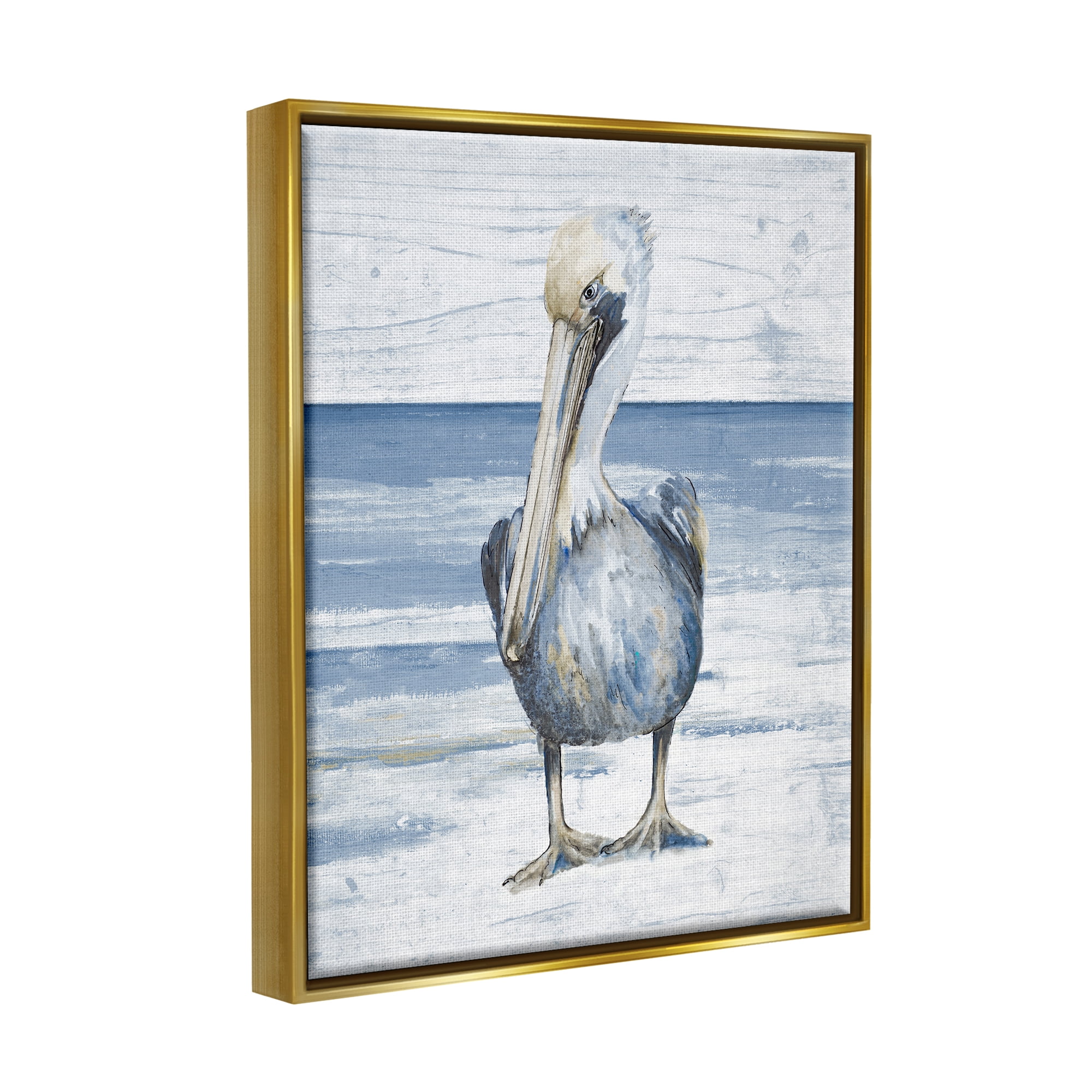 Stupell Industries Rustic Nautical Pelican Animals & Insects Painting Gold Floater Framed Canvas Art Print Wall Art, 25 x 31