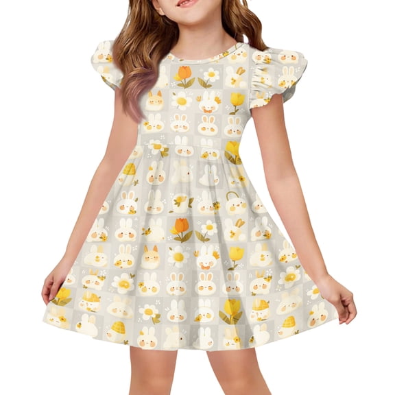 yuCgh Flutter Sleeve Princess Easter Dress for Girls, A-Line Summer T-Shirt Dress, Soft & Playful Casual Easter Dress for Kids,Beige 110