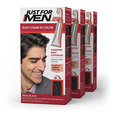 Just For Men Easy Comb-In Color (Formerly Autostop) Mens Hair Dye  Easy No Mix Application - Real Black  A-55  3 Pack
