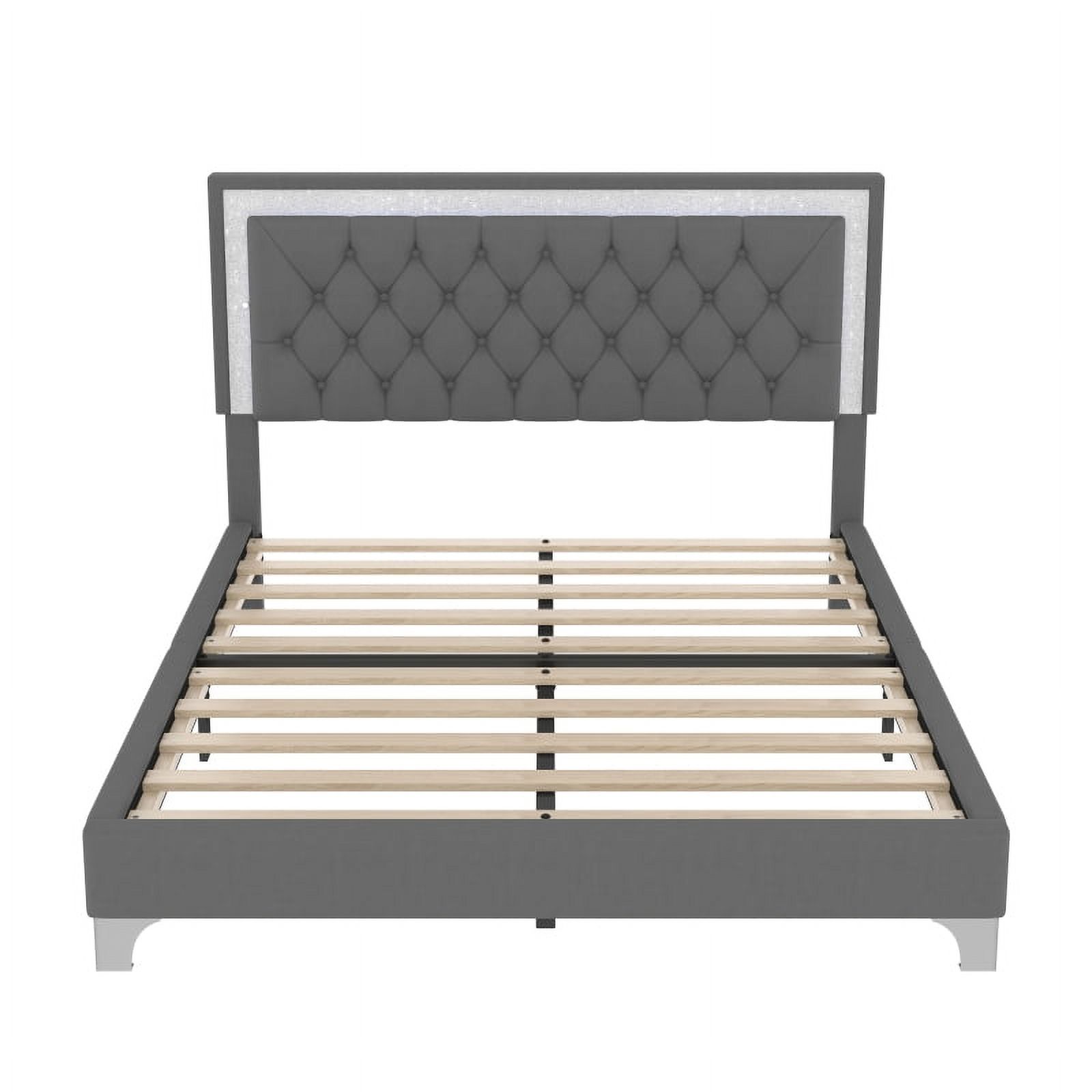 Queen Size Upholstered Bed Frame with LED Lights,Modern Velvet Platform Bed with Tufted Headboard,Gray