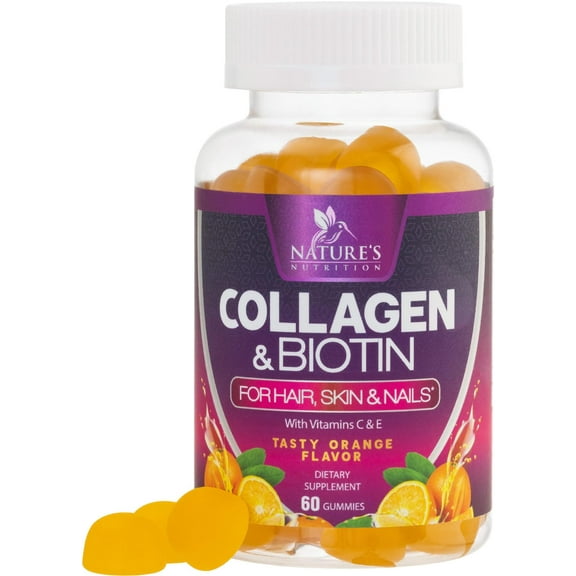 Collagen Gummies with 2500mcg Biotin, Vitamin C & Zinc - Hydrolyzed Collagen Peptide Type 1 & 3 Supplement - Advanced Hair, Skin & Nail Growth Support for Women & Men, Gluten Free, Non-GMO - 60 Count