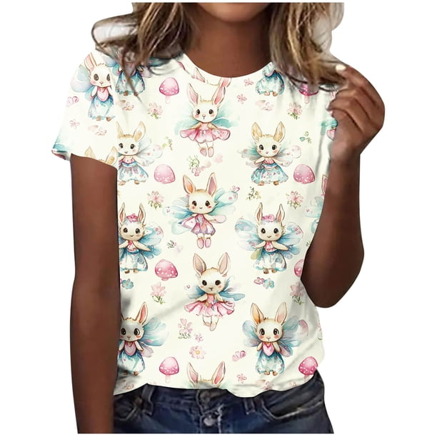 TaTaai Women Fashion Easter Printed Loose T Shirts Round Neck Short Sleeve Pullover Casual Soft Comfortable Lightweight Tops for Daily Home Vacation Outfits Gift