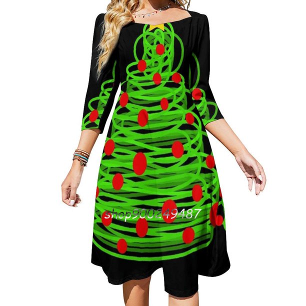 Vestido de cuello cuadrado con árbol de Navidad, nuevo vestido elegante de talla grande para mujer, vestido ajustado a la cintura, árbol verde, negro, elegante, Año Nuevo, Navidad