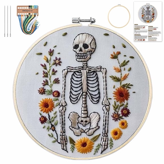 Halloween Embroidery Kit, Gothic Embroidery Starter Kit, Spooky DIY Stamped Cross Stitch Kits for Adults with Needles and Thread Included (A)