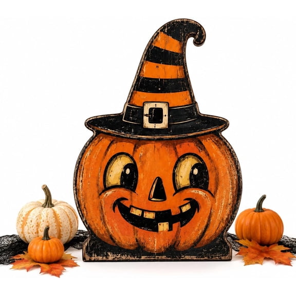 Vintage Halloween Wooden Character Tabletop Decor, Double-Layer Halloween Figurines, Double-Sided Distressed Retro Fall Decorations for Mantel, Shelf, Tiered Tray Home Decor，Jack-o'-Lantern