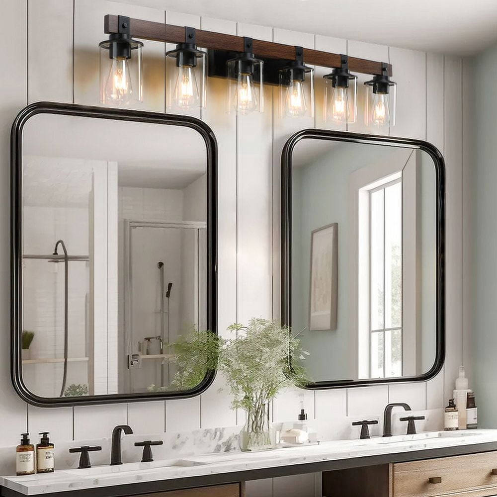 Hi-LIGHTS,6-Lights Farmhouse Rustic Bathroom Light Fixture with Glass Lampshade(Bulbs Not Included),Vanity Lights Fixture for Bathroom,Dressing Room,Bedroom,Living Room(Black)