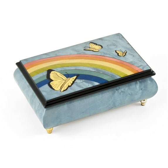 Joyful Light Blue and Wood Tone Butterfly and Rainbow Musical Jewelry Box - Anniversary Waltz (DFranklin)