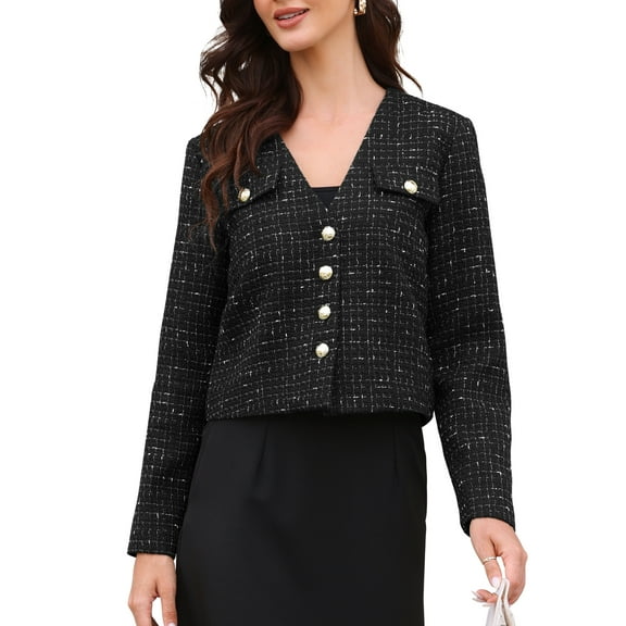 Tweed Blazers for Women Long Sleeve Button Down Collarless Elegant Business Casual Cropped Jacket XS Black