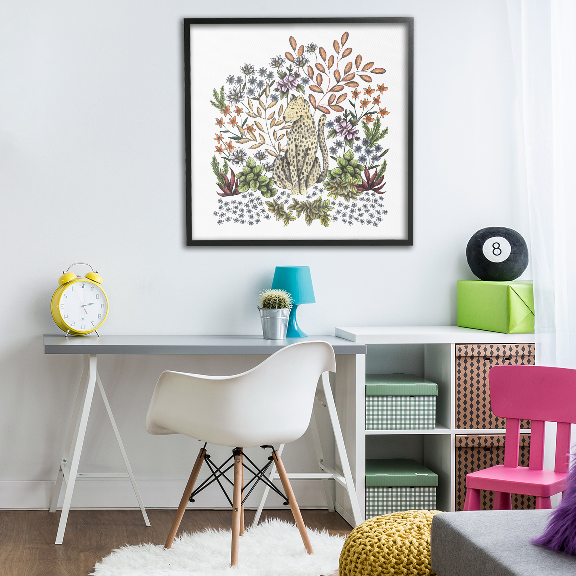 Jungle Wildlife Leopard Black Framed Giclee Art, design by Cecilia Battaini