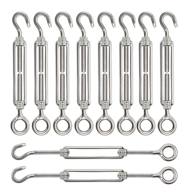 Tensor Lsqurel 10PCS Gancho y ojo de tensor de acero inoxidable 304 Heavy Duty M4 M6 M8 M10 Tensor Hardware de vela de sombra ajustable para apretar alambre de cable de metal 5/32 1/4 5/16 3/8