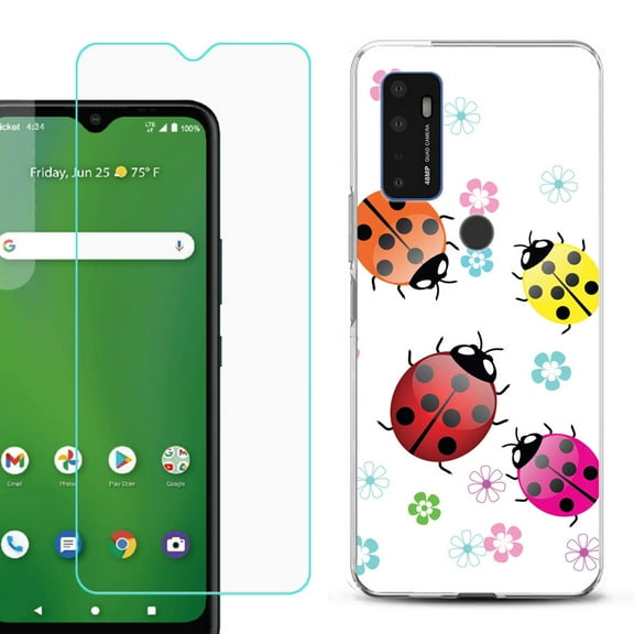 Slim-Fit Gel TPU Phone Case for Cricket Dream 5G, with Tempered Glass Screen Protector, by OneToughShield ® - Ladybug